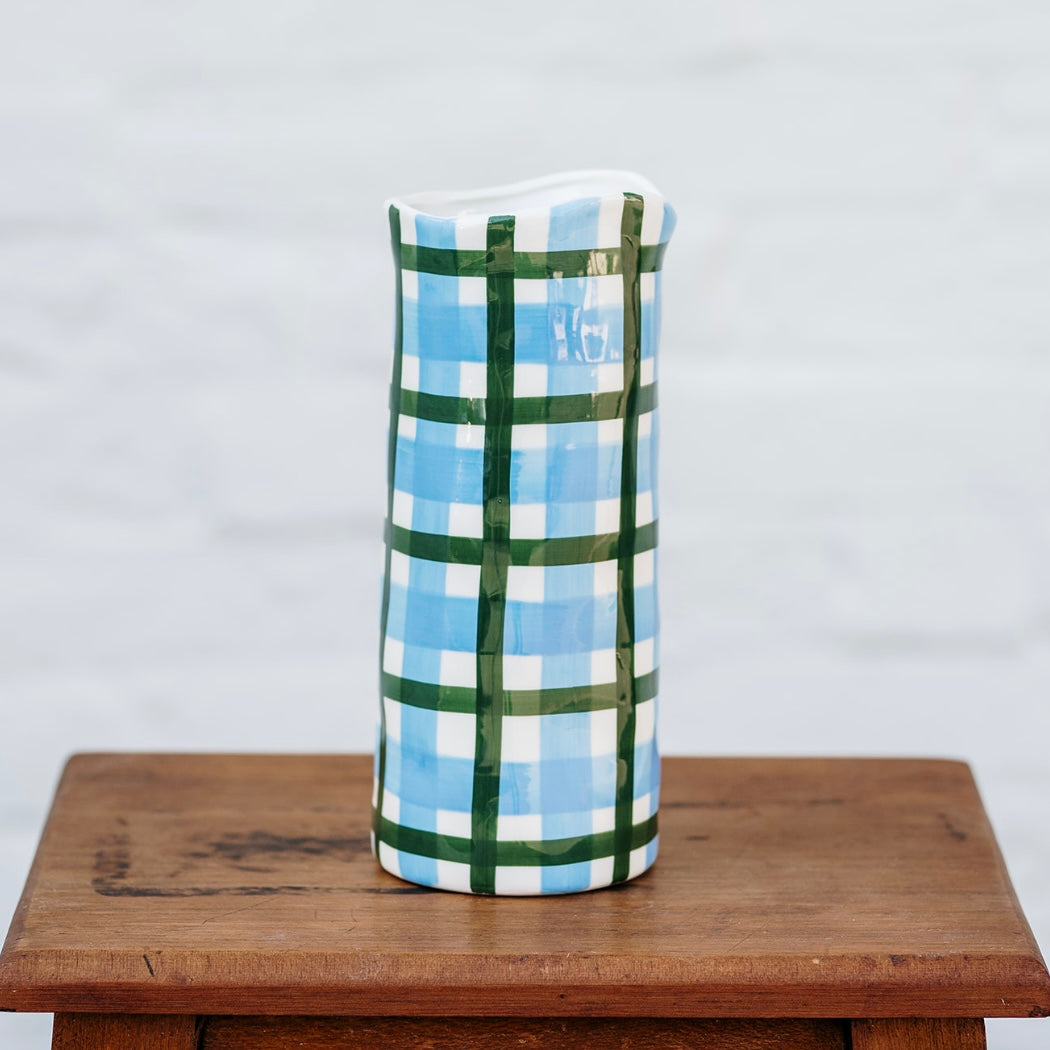 Medium Vase - Cornflower Blue &amp; Emerald Green Gingham