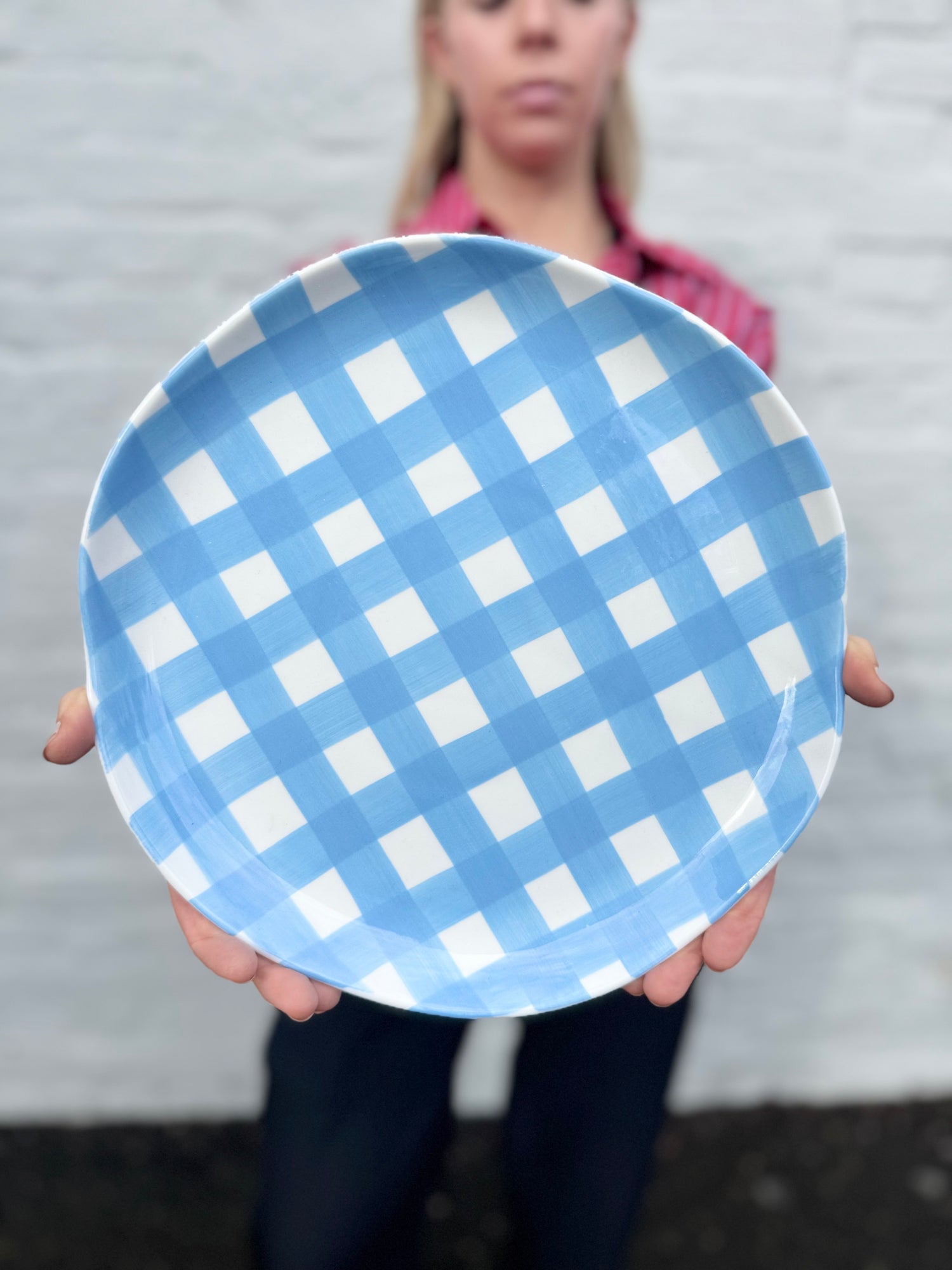 Cornflower Blue Ceramic Gingham Dinner Plate
