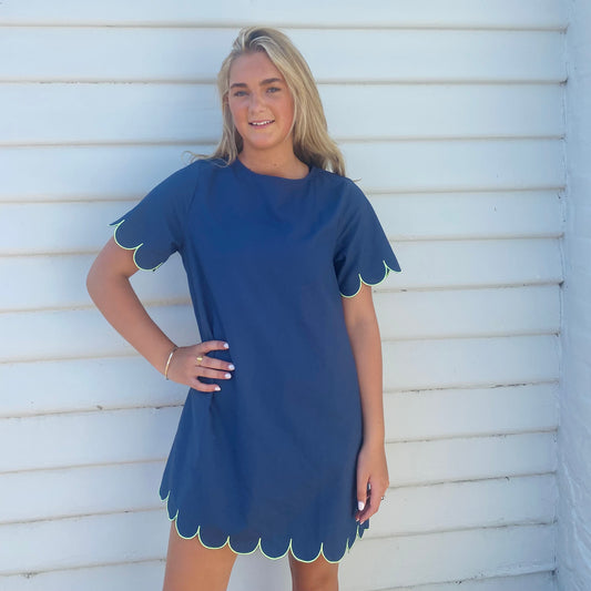 Women's Scallop Dress - Navy & Green