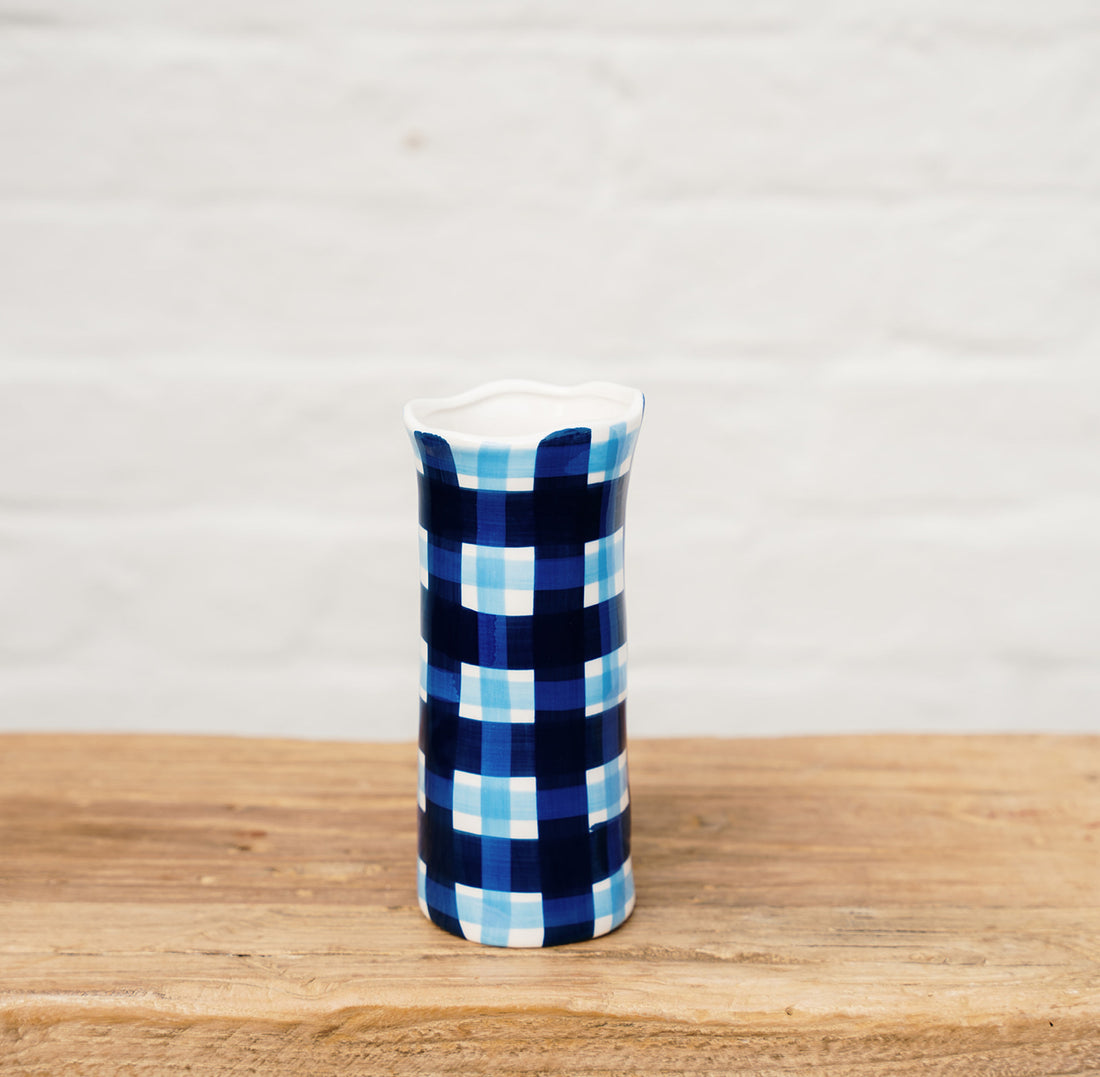 Small Navy &amp; Cornflower Blue Gingham Vase