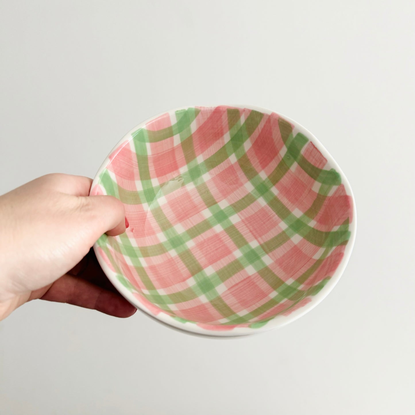 Medium pink and mint green gingham bowl