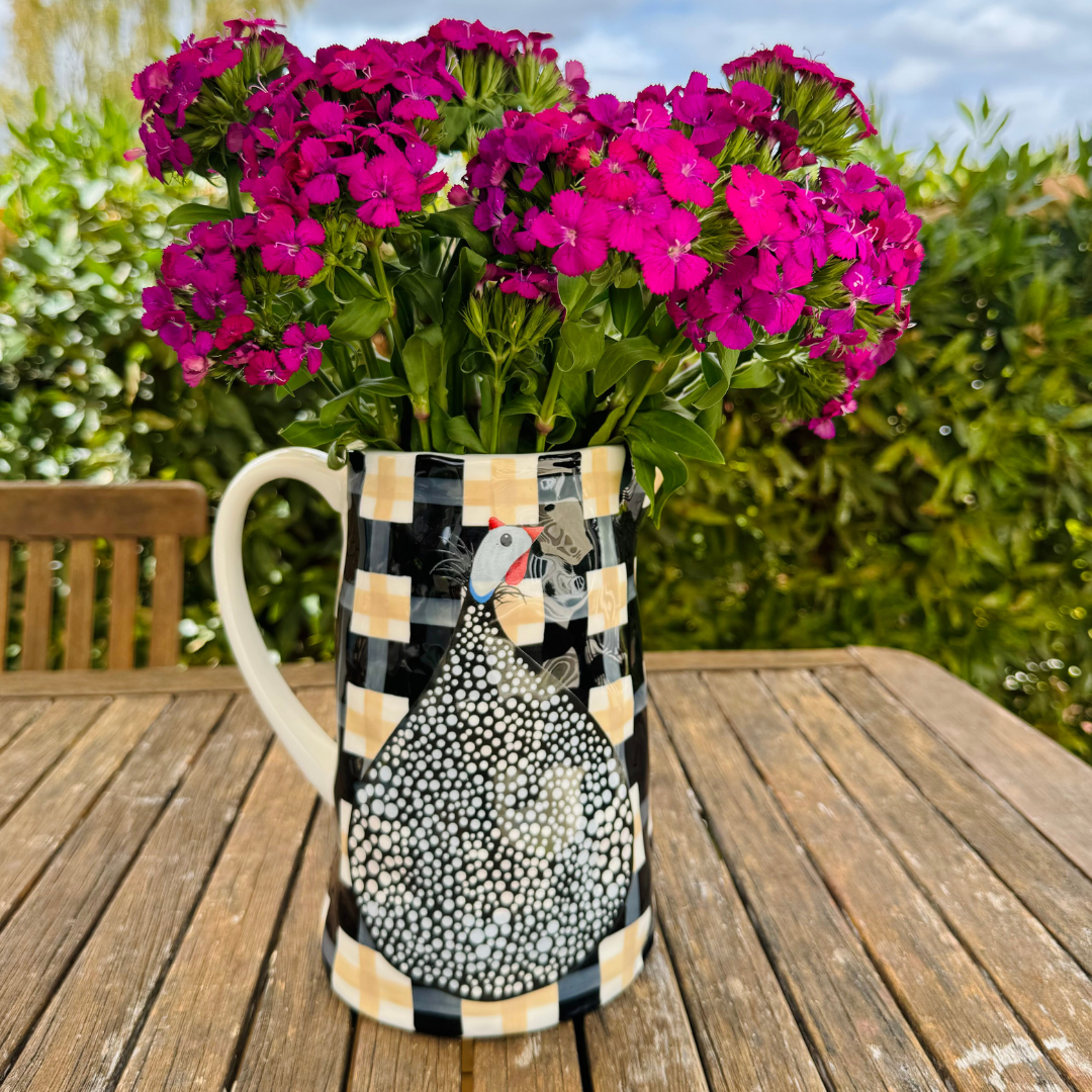 Guinea Fowl Black & Beige Gingham Medium Jug