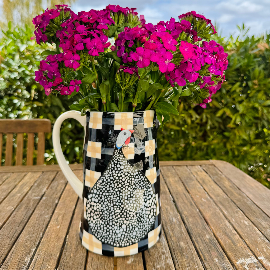 Guinea Fowl Black &amp; Beige Gingham Medium Jug
