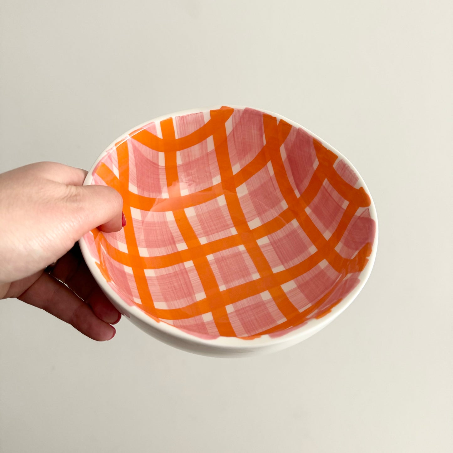 Medium pink and orange gingham bowl