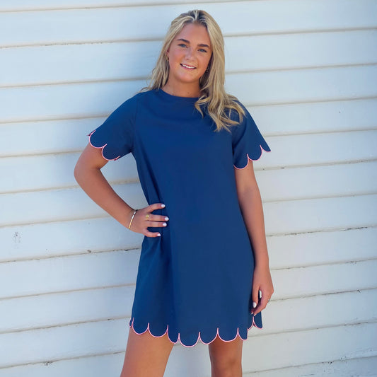 Women's Scallop Dress - Navy & Pink