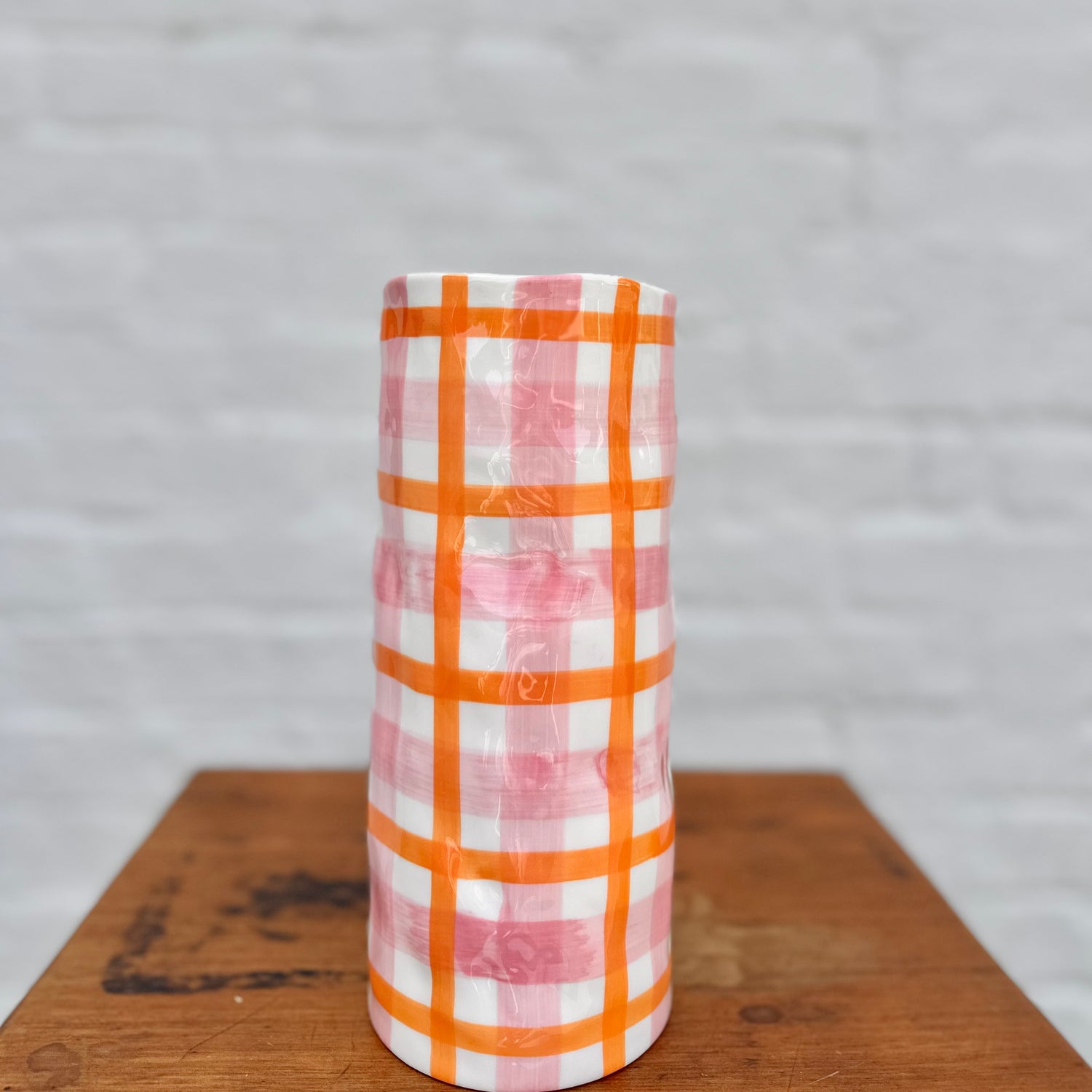 Medium Vase - Pink &amp; Orange Gingham