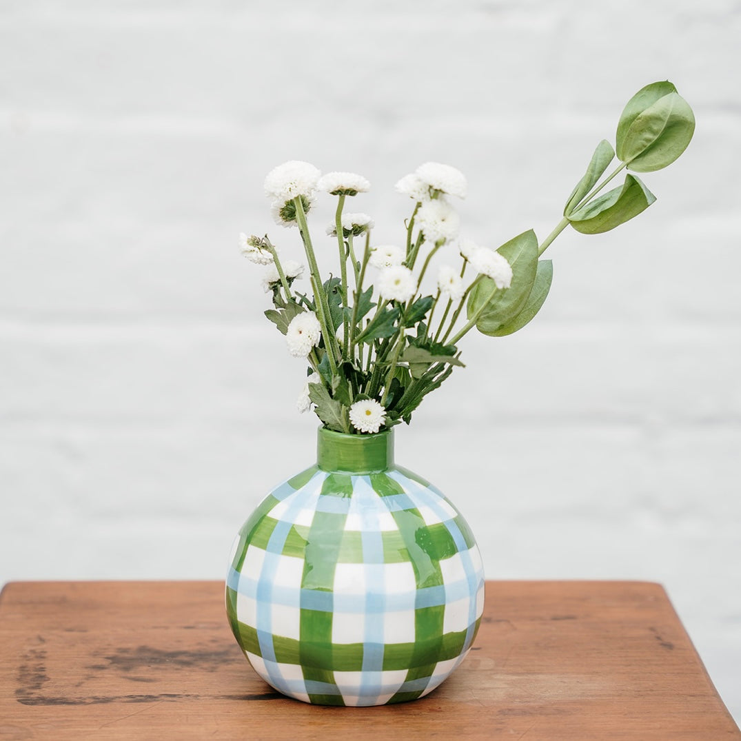 Round Bud Vase - Emerald &amp; Cornflower Gingham