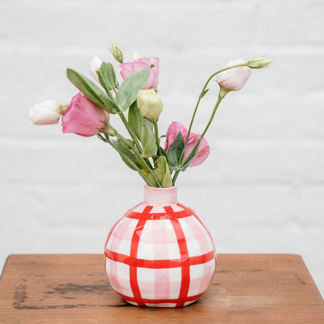 Round Bud Vase - Pink &amp; Red Gingham