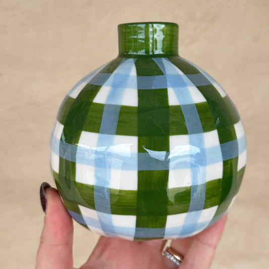 Round Bud Vase - Emerald & Cornflower Gingham