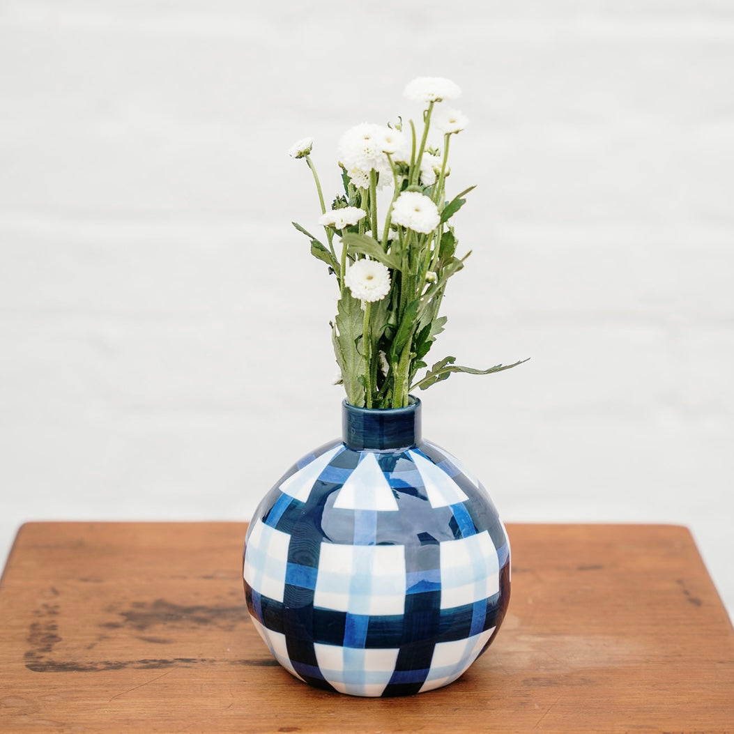 Round Bud Vase - Navy &amp; Cornflower Gingham