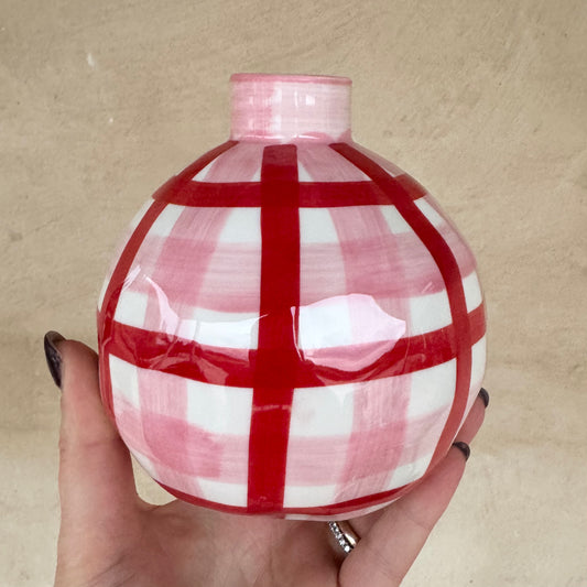 Round Bud Vase - Pink & Red Gingham