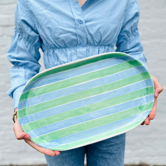 Oval Platter - Blue & Mint Green Stripes