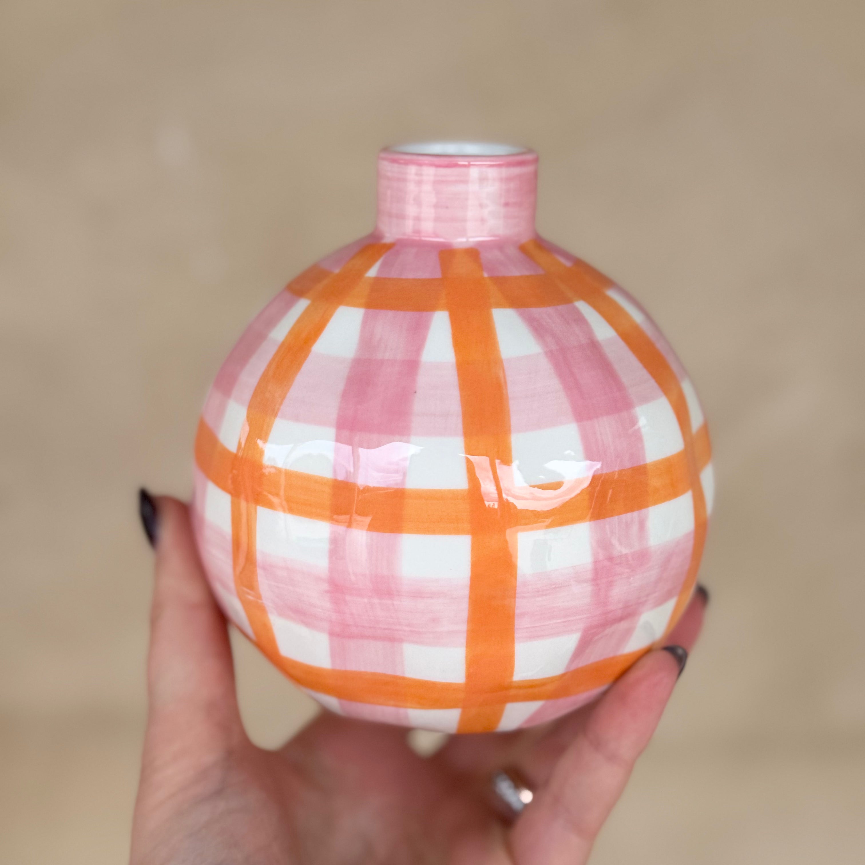 Round Bud Vase - Pink &amp; Orange Gingham
