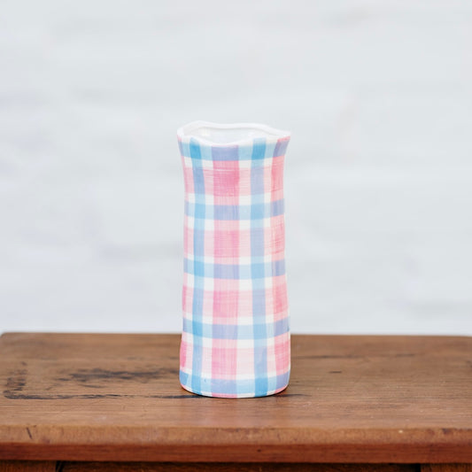 Small Pink & Cornflower Blue Gingham Vase