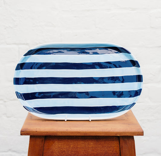 Oval Platter - Navy & Cornflower Blue Stripes