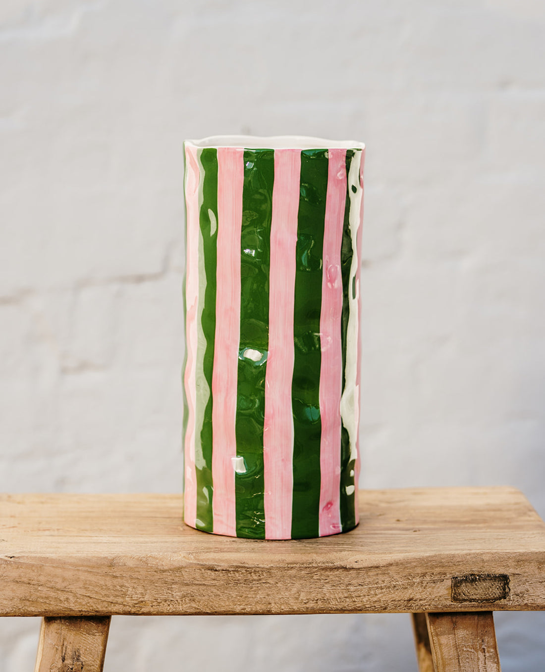 Large Vase - Dark Green &amp; Pink Stripe