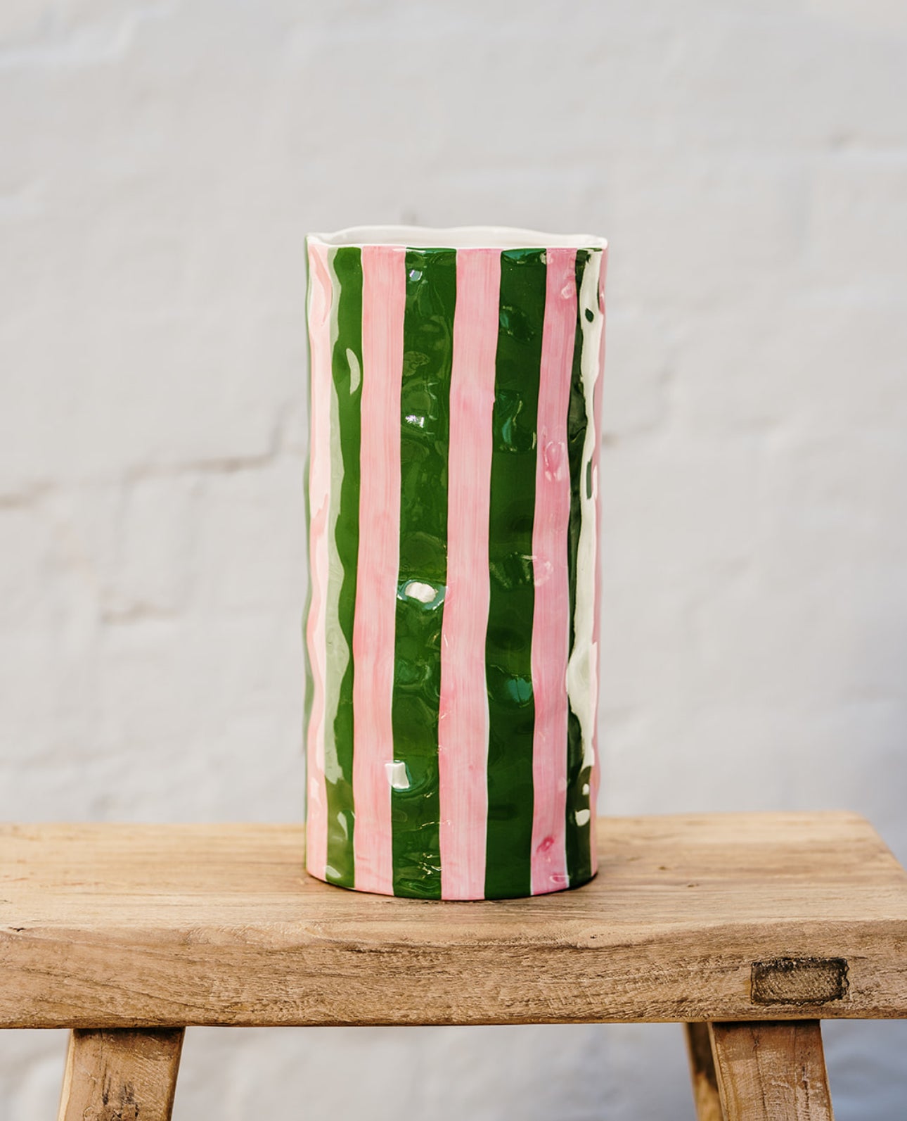 Large Vase - Dark Green &amp; Pink Stripe