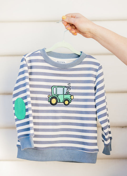 Green Tractor Jumper - Light Blue Stripe