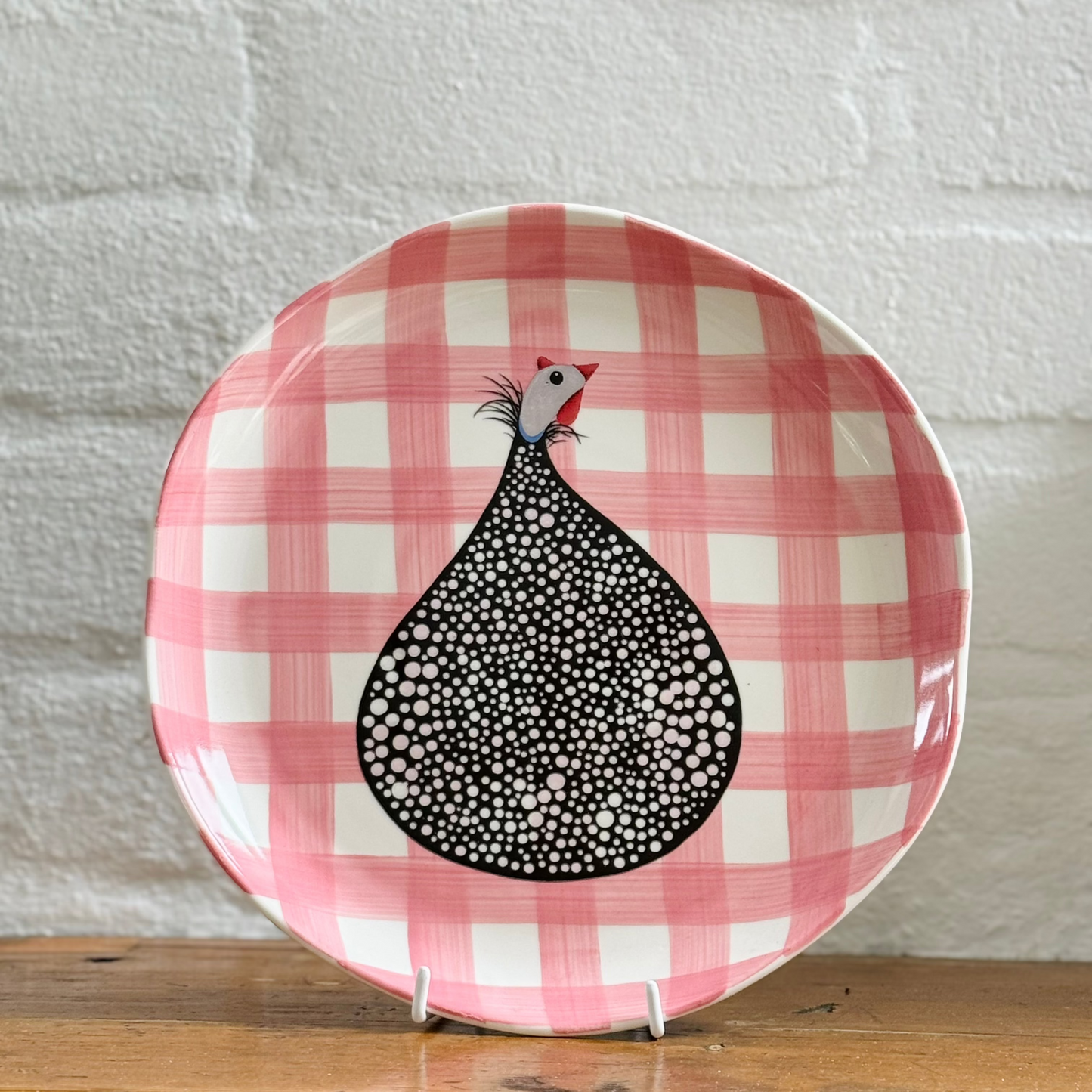 Guinea Fowl Rose Pink Gingham Dinner Plates - Pack of 4