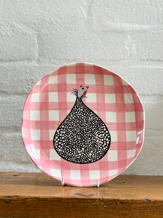 Guinea Fowl Rose Pink Gingham Dinner Plates - Pack of 4