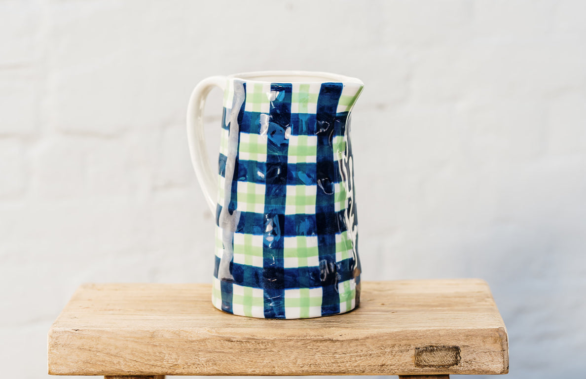 Medium Jug - Navy & Mint Green Gingham