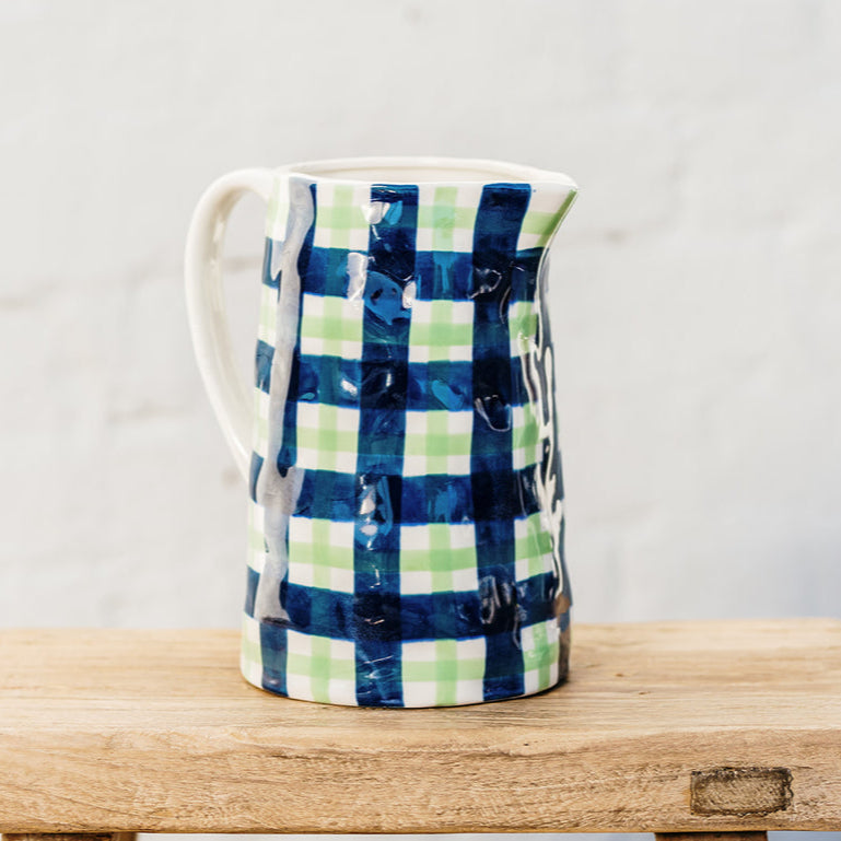 Medium Jug - Navy &amp; Mint Green Gingham