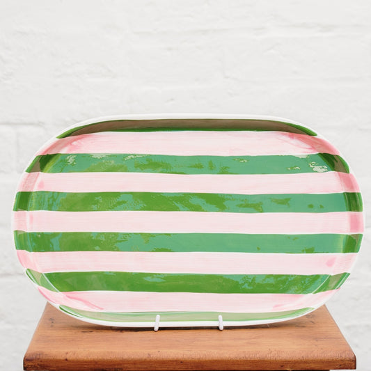 Oval Platter - Pink & Dark Green Stripes