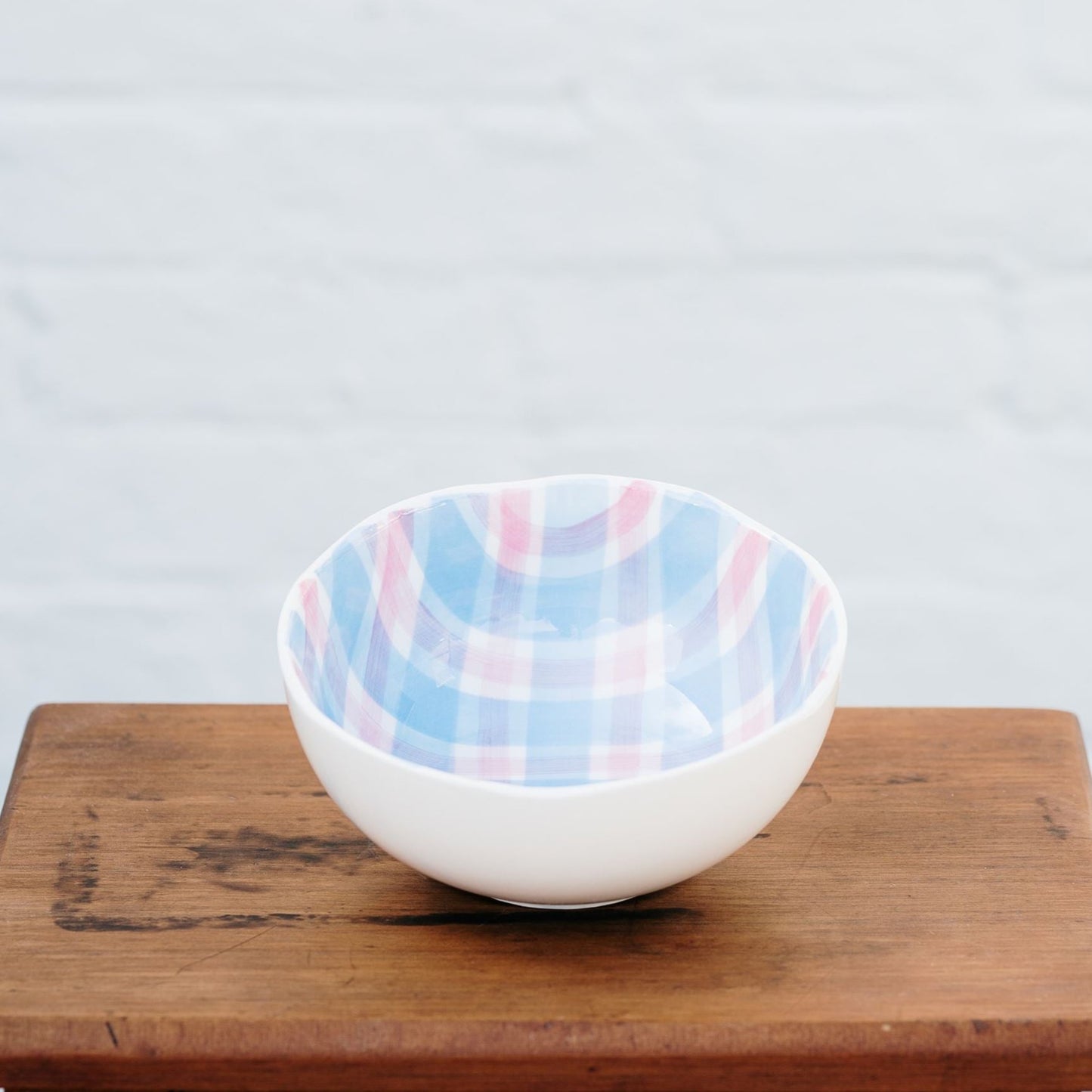 Medium cornflower blue and pink gingham bowl