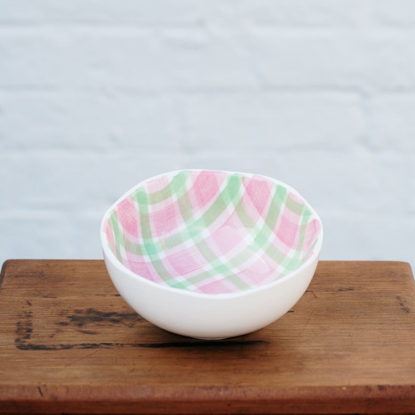 Medium pink and mint green gingham bowl