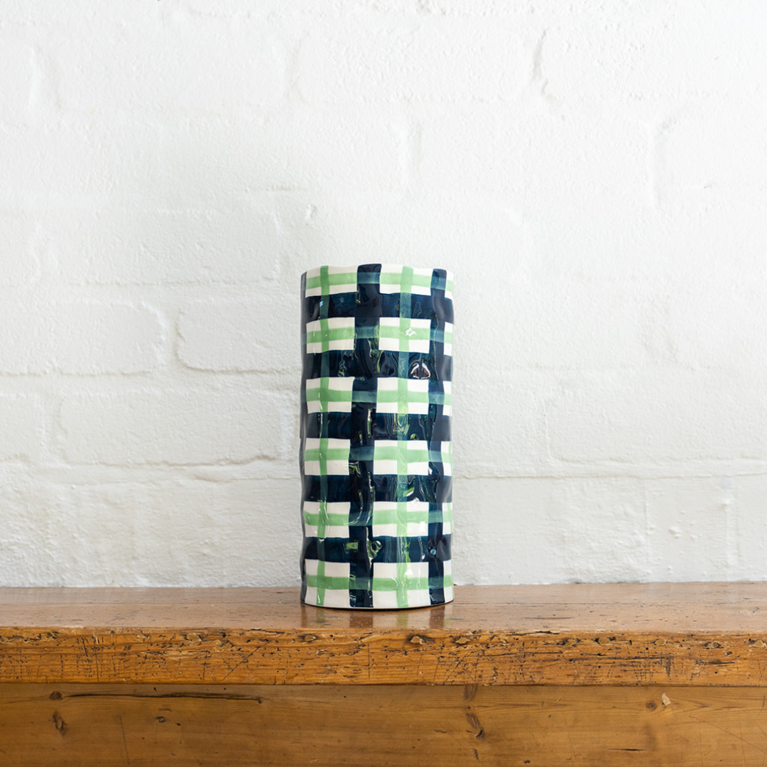 Large Vase - Navy &amp; Mint Green Gingham