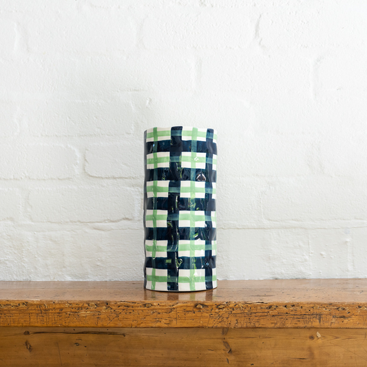 Large Vase - Navy & Mint Green Gingham