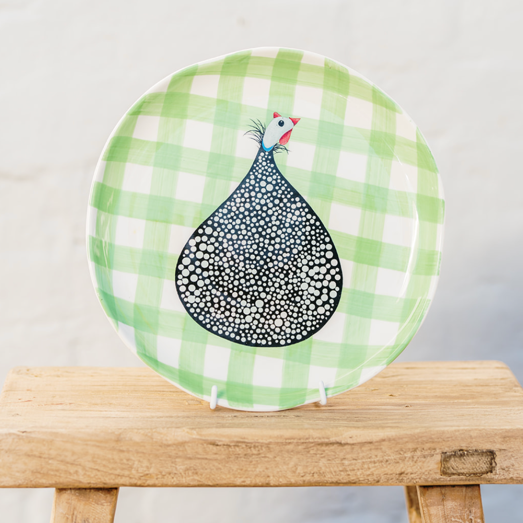 Guinea Fowl Mint Green Gingham Dinner Plates - 4 pack