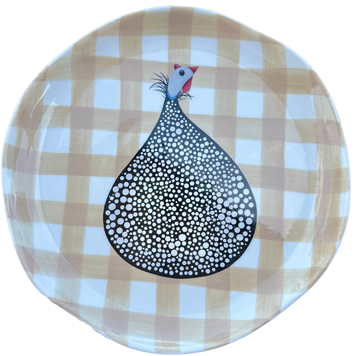 Guinea Fowl Beige Gingham Dinner Plates - 4 pack