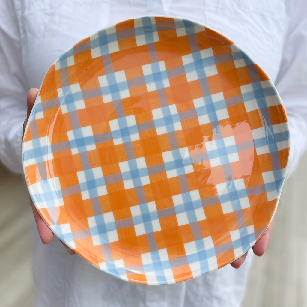 Orange &amp; Cornflower Blue Gingham Plate - 4 pack