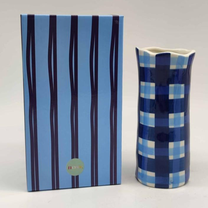 Small Navy &amp; Cornflower Blue Gingham Vase