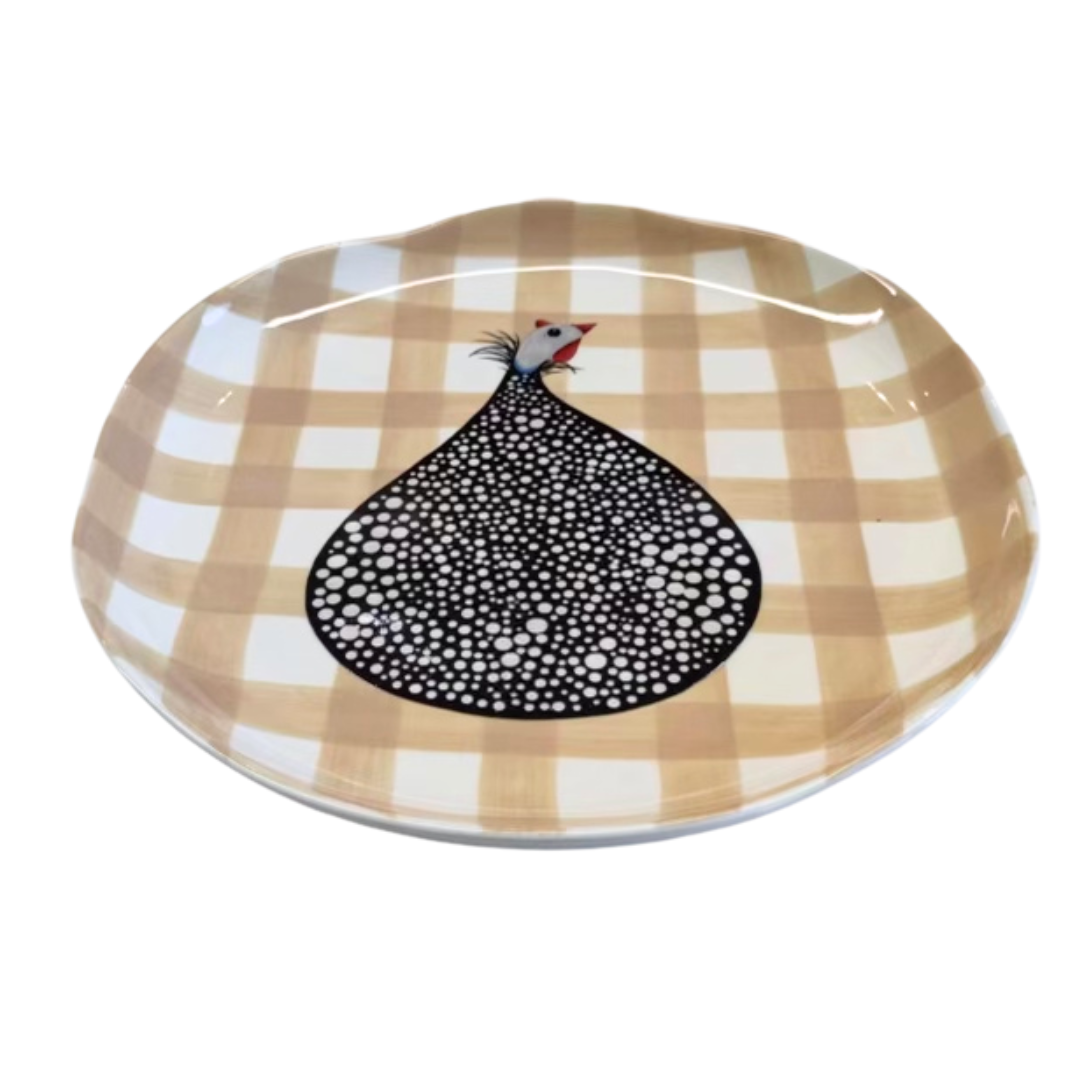 Guinea Fowl Beige Gingham Dinner Plates - 4 pack